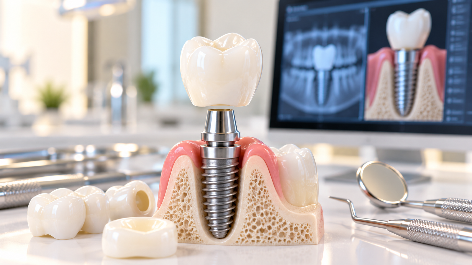 Implante dental y corona utilizados para recuperar una pieza dental
